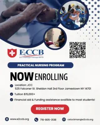 🚨 Now Enrolling! 🚨

Looking to become a  Practical Nurse? The E2CCB Adult Education Practical Nursing Program at JCC is now accepting applications for our August 2025 start! 💉🩺

📍 Located in Jamestown
✅ Financial Aid Available 
✅ Prepares you for the NCLEX exam
📞 716-805-3155

Spots fill fast—call now to reserve your seat and take the first step toward a career in healthcare!

#E2CCB #AdultEducation #PracticalNursing #LPN #HealthcareCareer #JamestownNY #EnrollNow